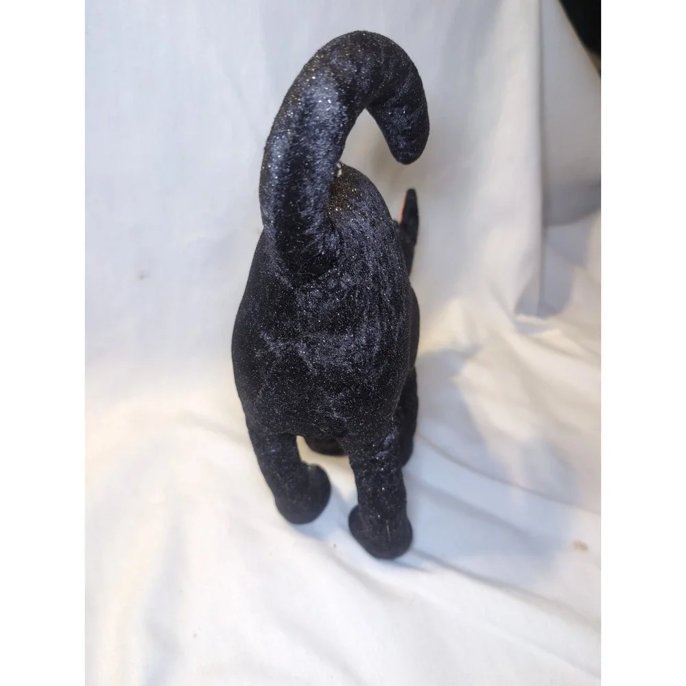 Vintage Arched Shimmery Black Cat Halloween Plush Doll Orange Eyes/Whiskers 12